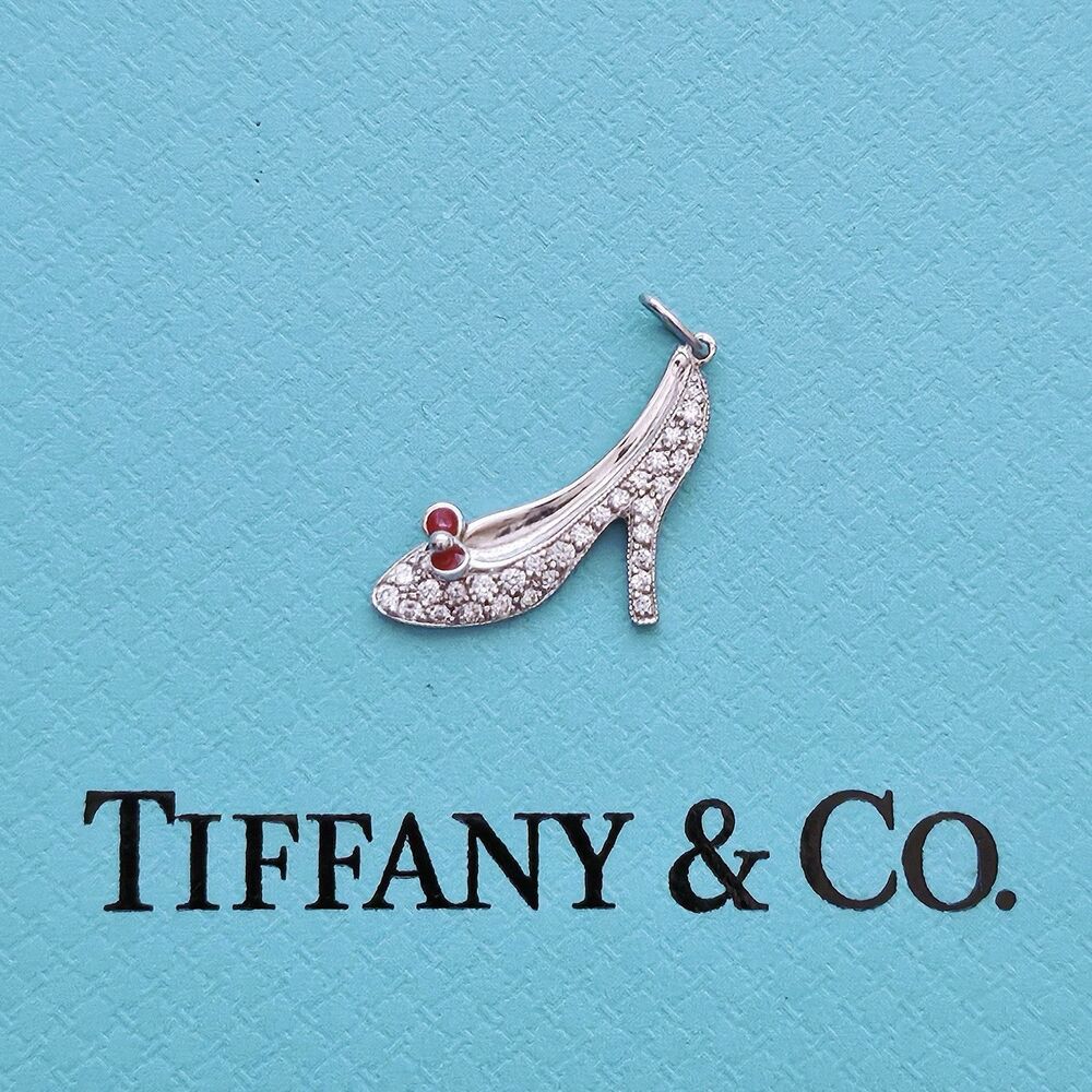 RARE Tiffany & Co. Red Enamel Bow Diamond High Heels Shoes PT950 Charm Pendant.